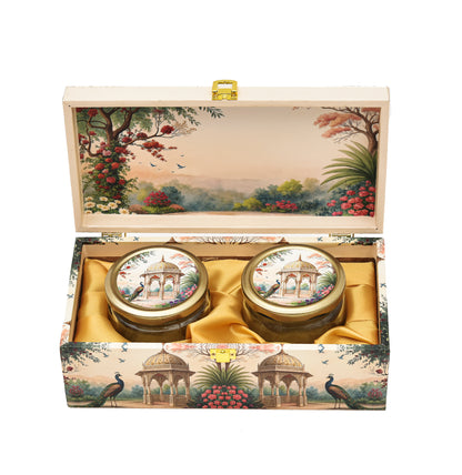 Royal Garden Print Wooden Box with 2 Glass Jars | Diwali & Wedding Hamper Gift Box