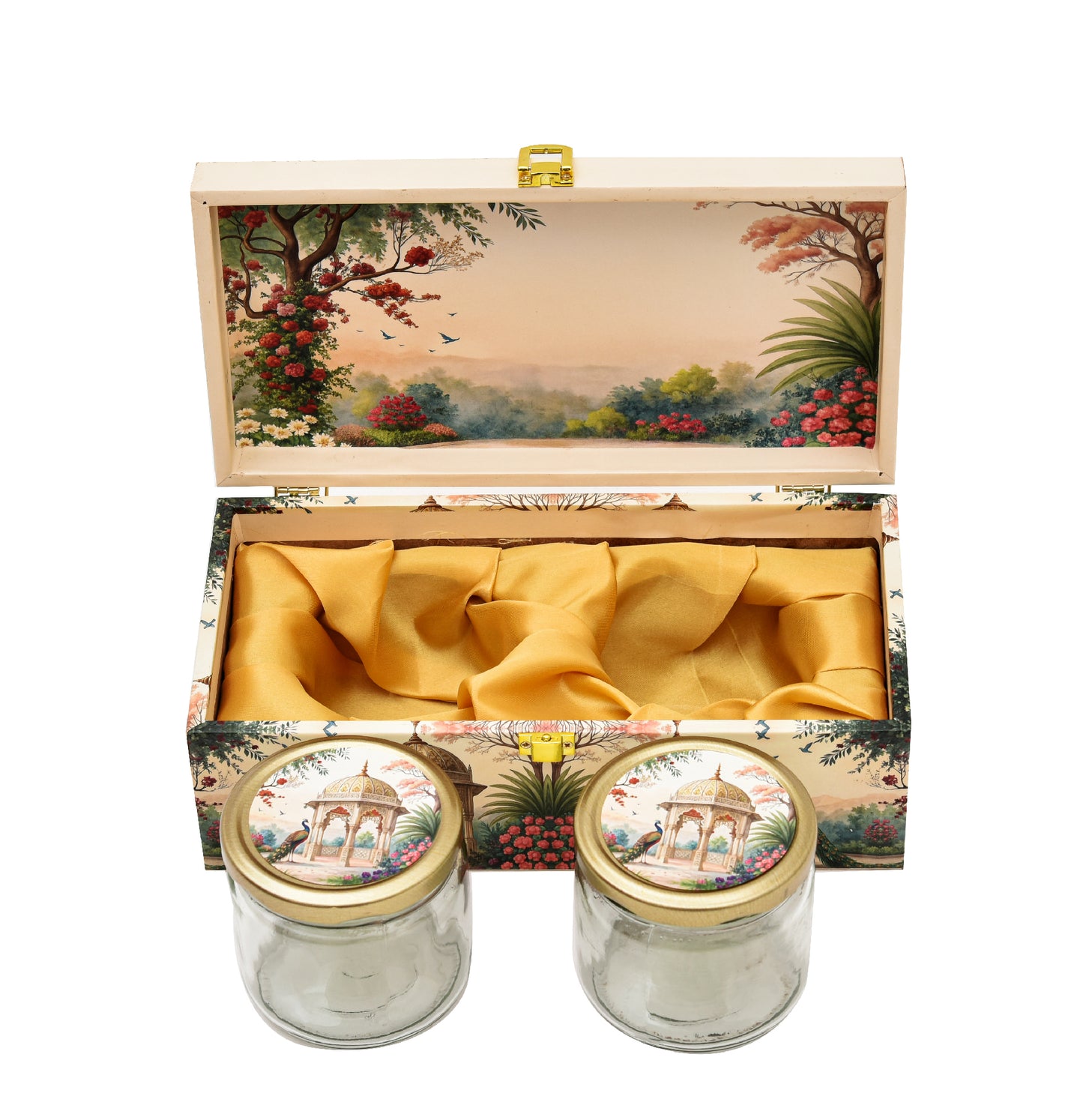 Royal Garden Print Wooden Box with 2 Glass Jars | Diwali & Wedding Hamper Gift Box