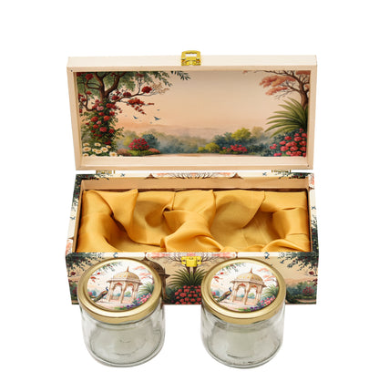 Royal Garden Print Wooden Box with 2 Glass Jars | Diwali & Wedding Hamper Gift Box