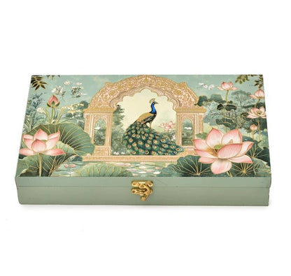Sage Green Lotus Peacock Print Paper Bag with Matching Wooden Box Combo