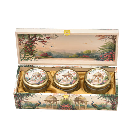Royal Garden Print Wooden Gift Box with 3 Jars | Premium Dry Fruit Box