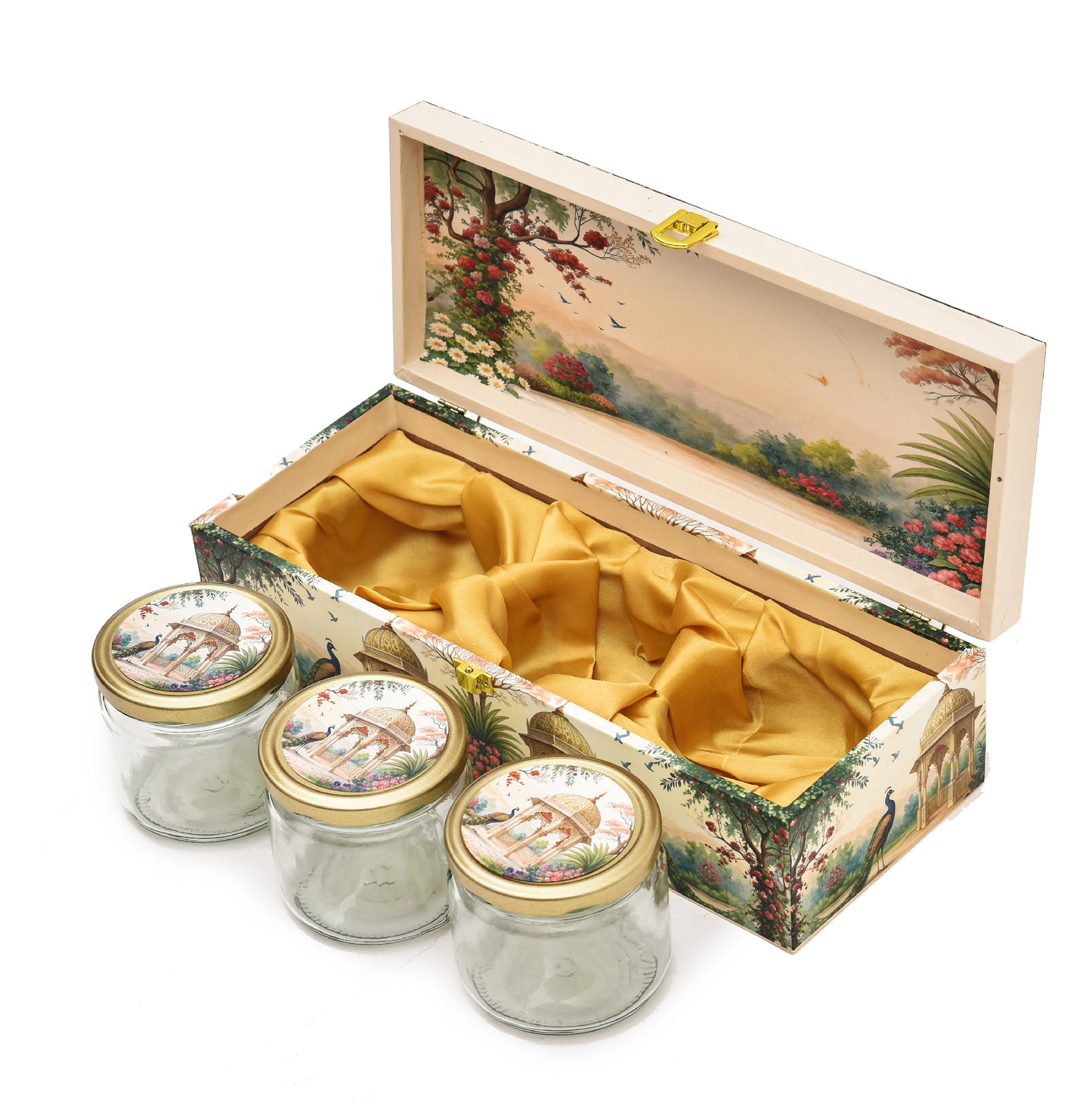 Royal Garden Print Wooden Gift Box with 3 Jars | Premium Dry Fruit Box