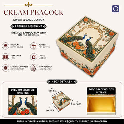 Cream Peacock Print Laddoo and Sweet Box 1 Piece