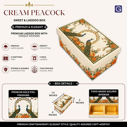 Cream Peacock Print Laddoo and Sweet Box 2 Piece