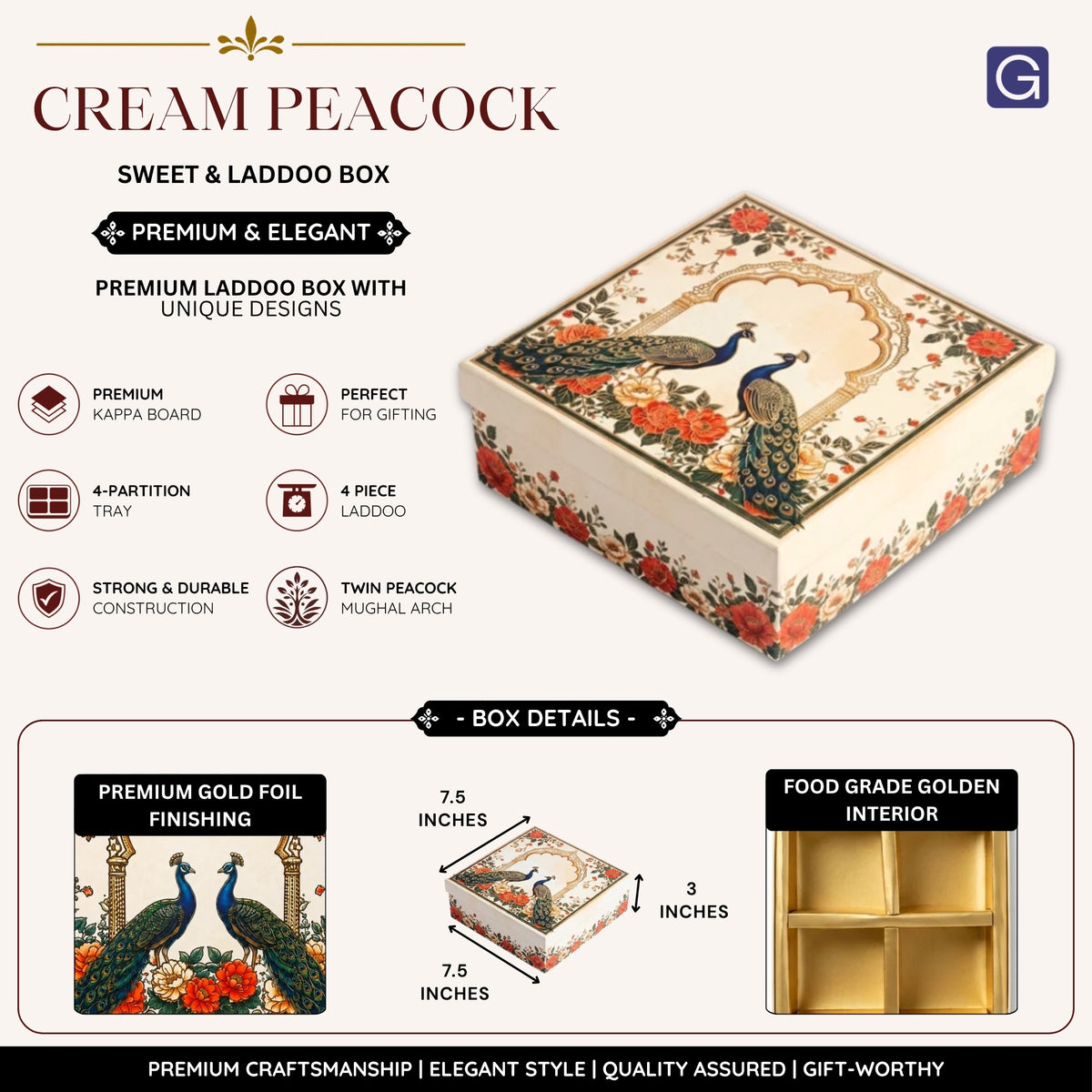 Cream Peacock Print Laddoo Box 4 Piece