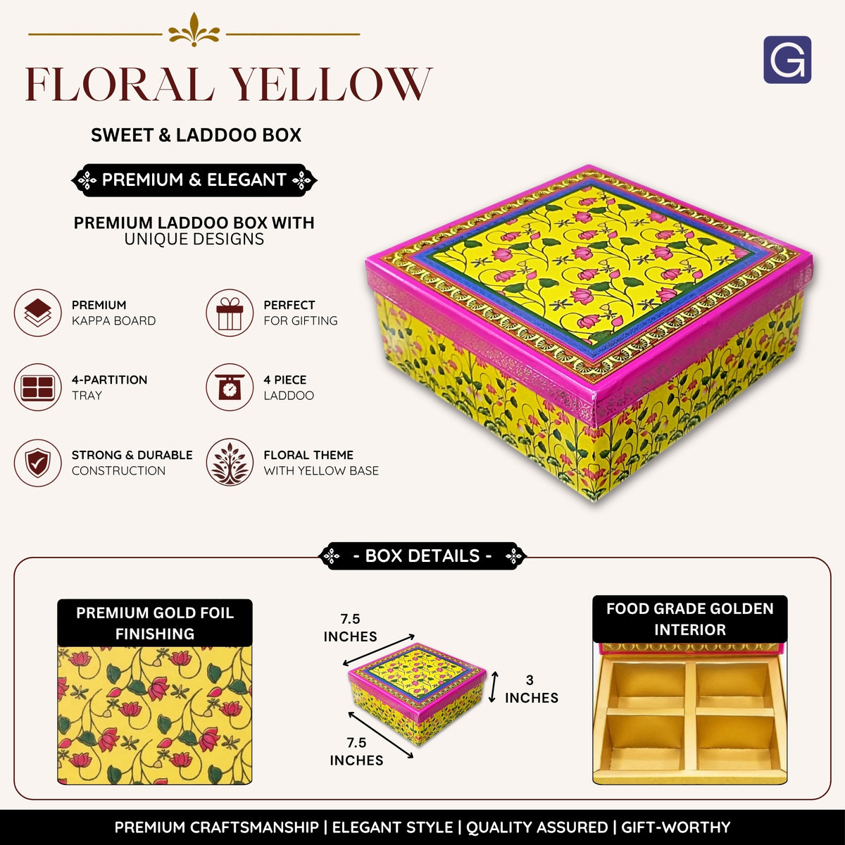 Floral Yellow Laddoo and Sweet Box 4 piece