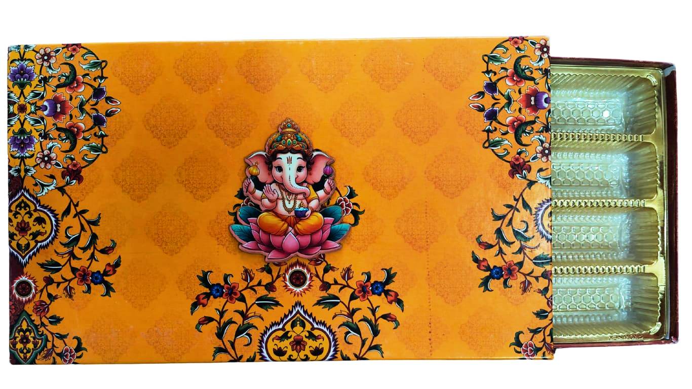 Ganesh Chaturthi Yellow Sweet Box with 4 Compartments – Premium Gift Packaging | Grownex Packaging | Sweet Box