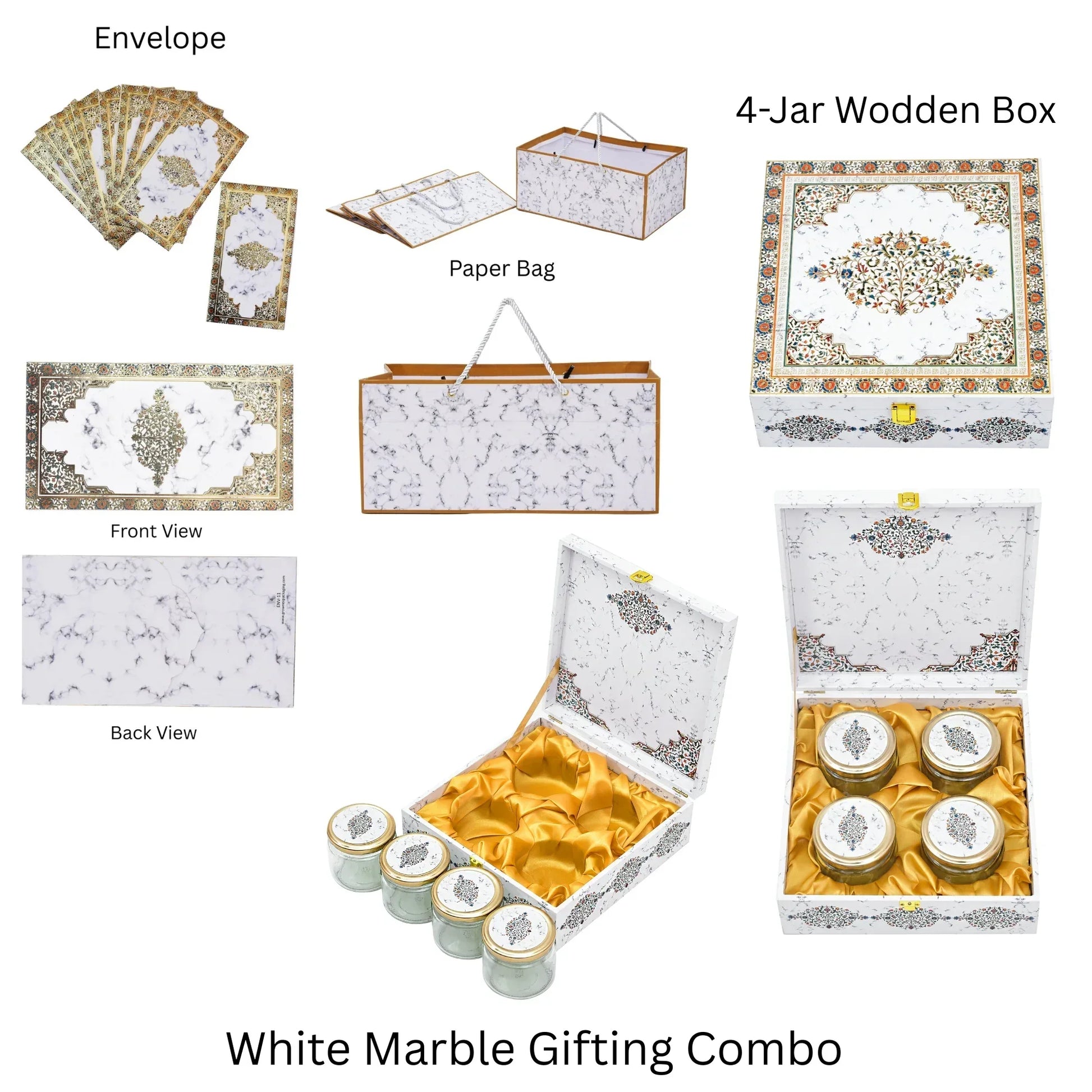Luxury White Marble Gifting Combo — Envelope + Paper Bag + 4 Jar Wooden Box | Grownex Packaging | Hamper Box