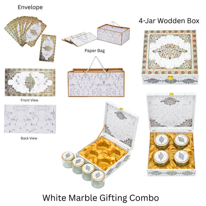 Luxury White Marble Gifting Combo — Envelope + Paper Bag + 4 Jar Wooden Box | Grownex Packaging | Hamper Box