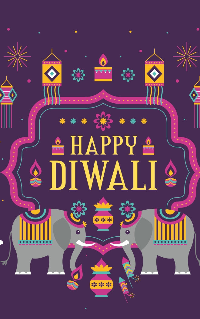 Happy Diwali Tag – Festive Elephants & Lanterns Gift Label | Grownex Packaging | Tags & Stickers