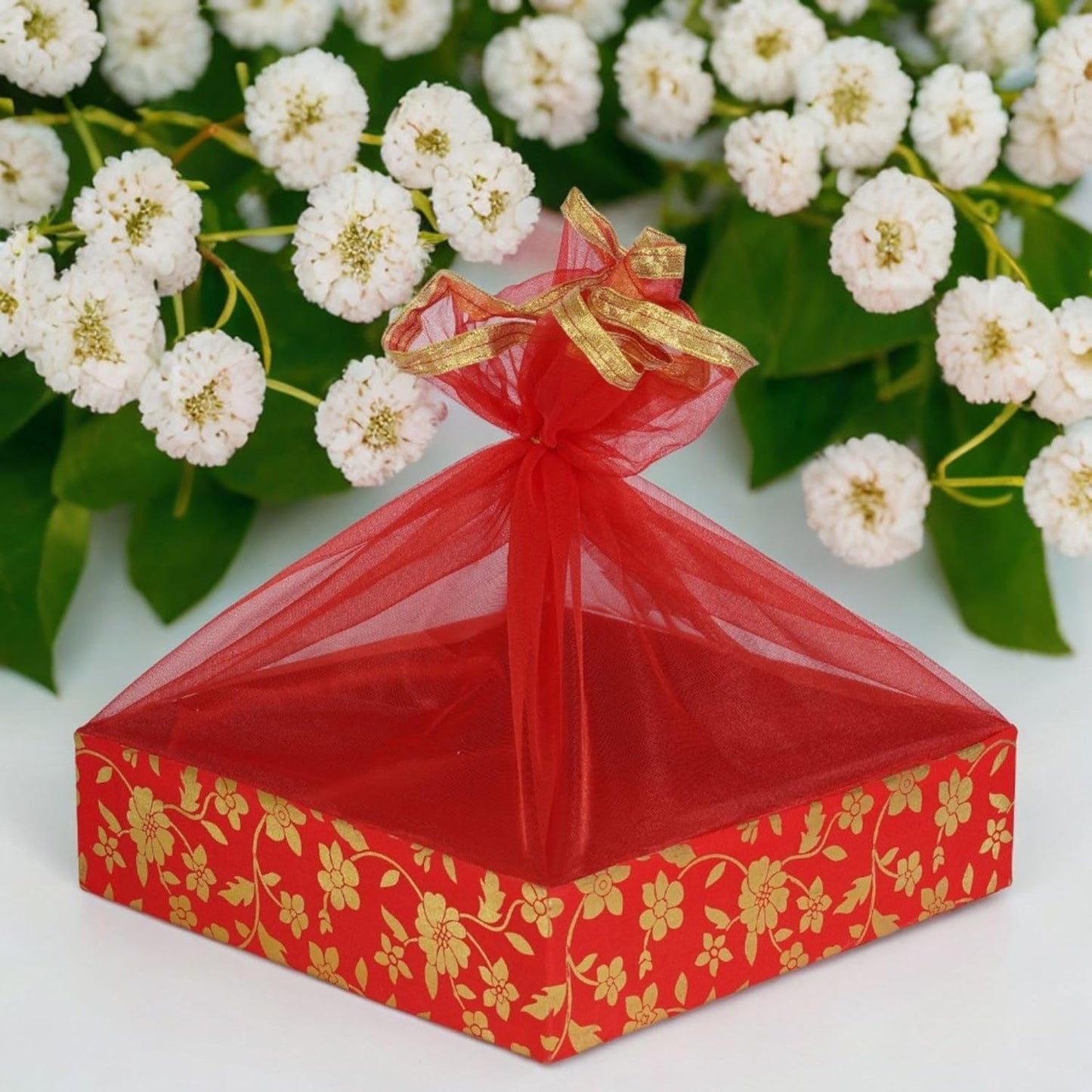 Floral Print Red Gift Hamper Basket | Grownex Packaging | Basket & Tray