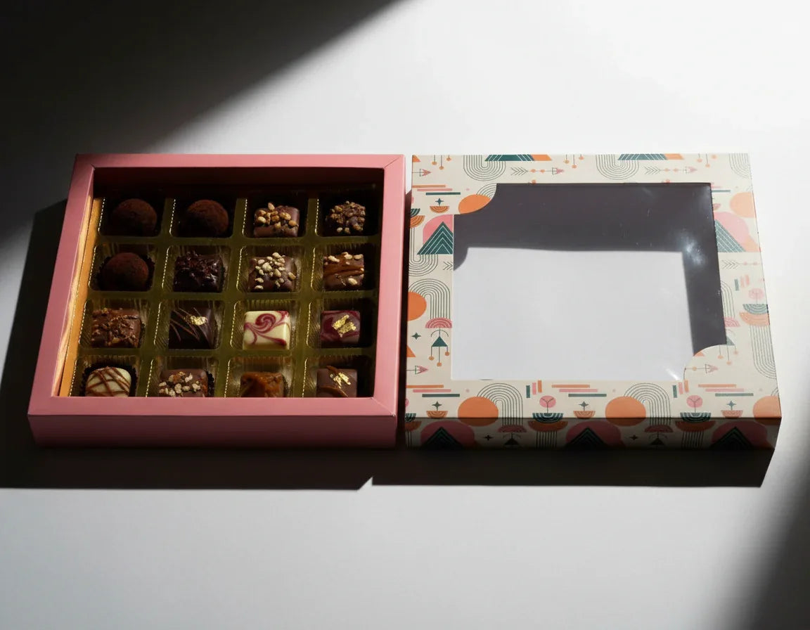 16 Cavity Folding Chocolates Packing Box - Pink | Grownex Packaging | Chocolate Box