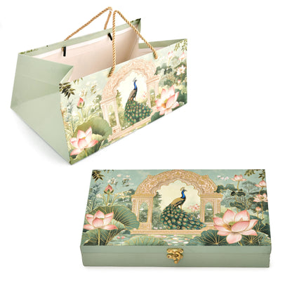Sage Green Lotus Peacock Print Paper Bag with Matching Wooden Box Combo