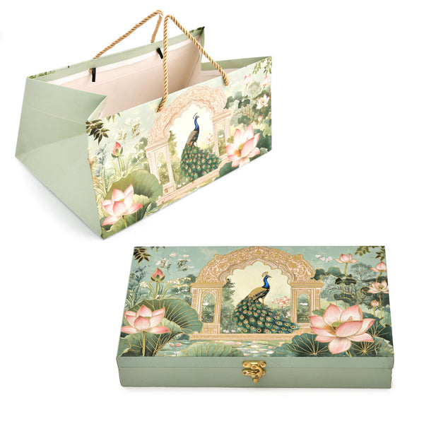 Green Lotus Peacock Print Paper Bag with Matching Wooden Box Combo