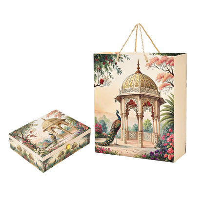 Royal Garden Print Matt Paper Bag with Matching Jar Wooden Box Combo – Festive Gift Packaging Set