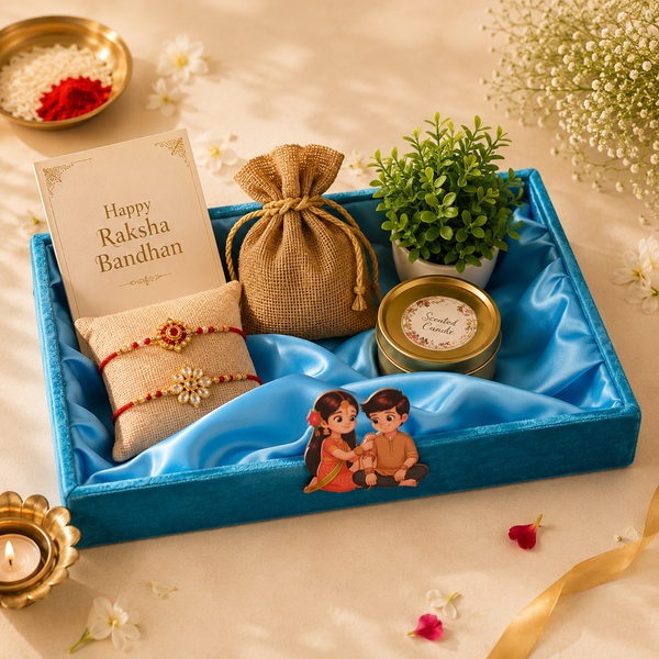 Sky Blue Velvet Wooden Tray 14x10x2 Inch | Raksha Bandhan Gift Tray (Single Tray)