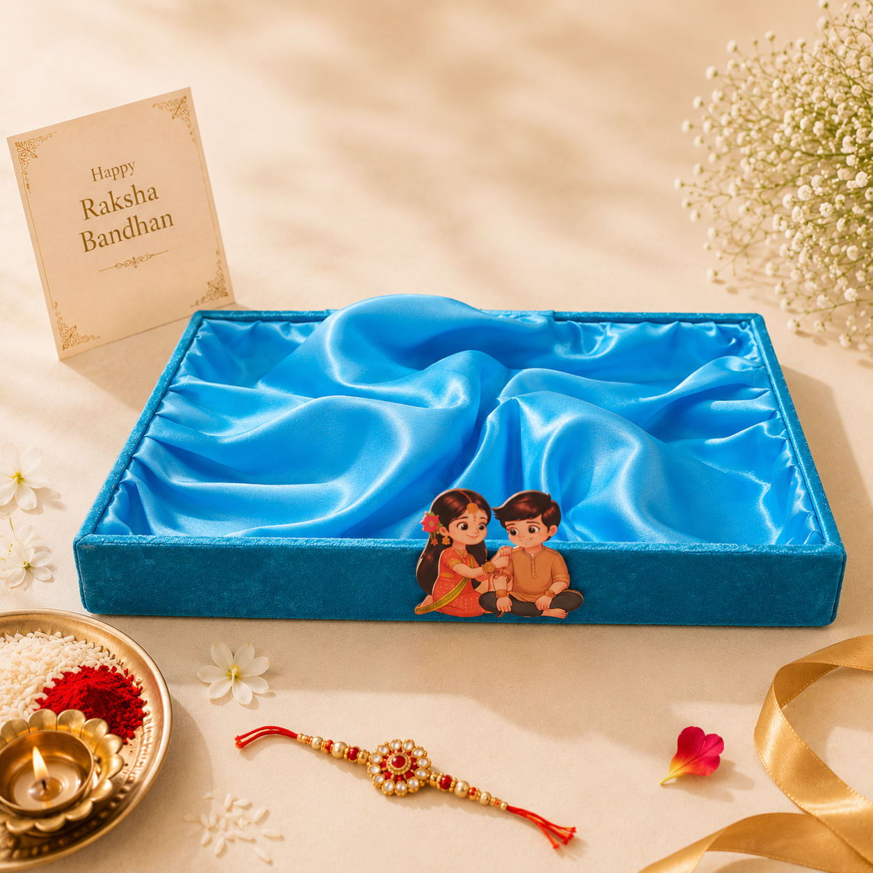 Sky Blue Velvet Wooden Tray 14x10x2 Inch | Raksha Bandhan Gift Tray (Single Tray)