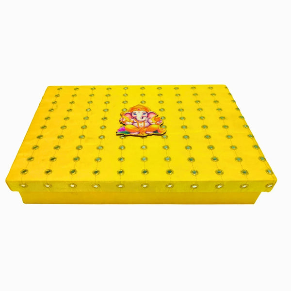 Yellow Ganesha Gift Box Design with Mirror Work - Open View | Grownex Packaging