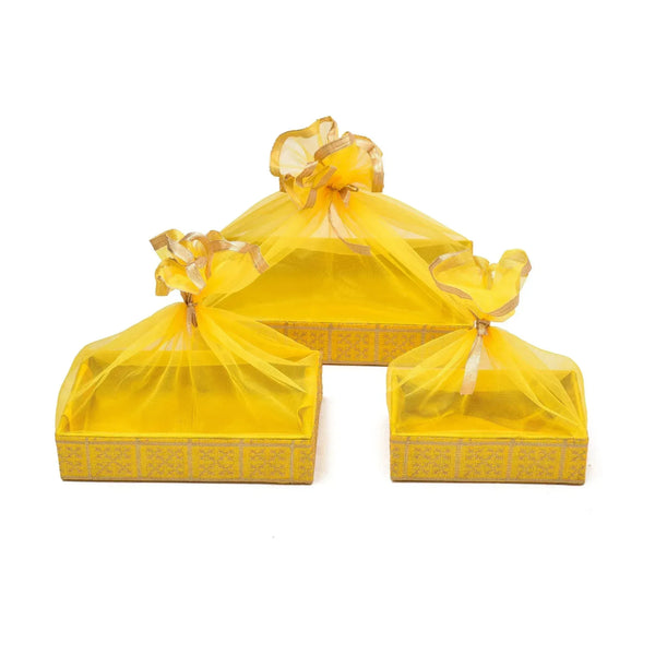 Yellow Net Gift Hamper Basket Set of 3 - Front View | Grownex Packaging